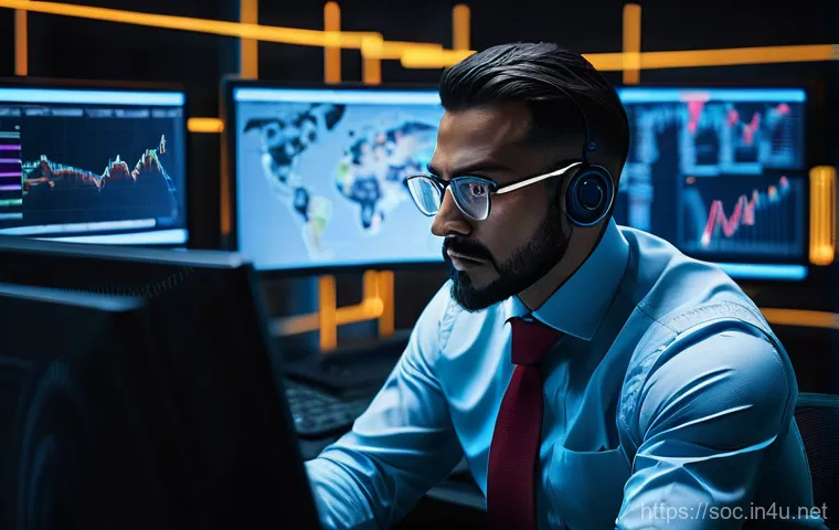 보안관제 경력직 면접 질문 대비 - **Prompt 1: Cybersecurity Control Center in Action**
A highly focused male cybersecurity profess...