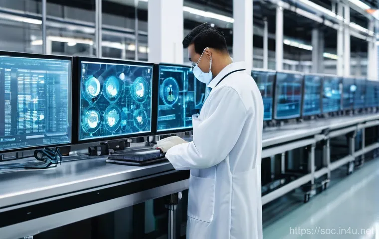 보안관제센터 관련 산업별 보안 요구사항 - **Prompt:** A futuristic, highly secure smart factory floor. Automated robotic arms are assembling p...