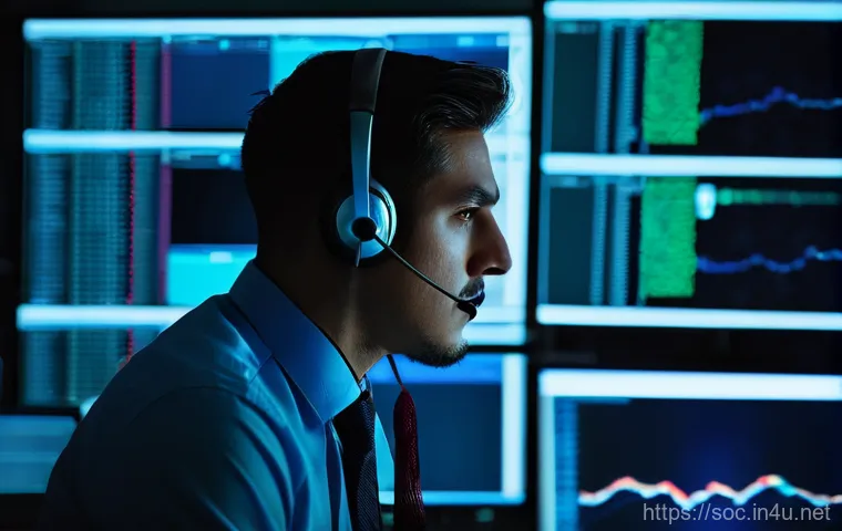 보안관제센터 관련 산업별 보안 요구사항 - **Prompt:** A state-of-the-art security operations center (SOC) at night, bustling with activity. Mu...