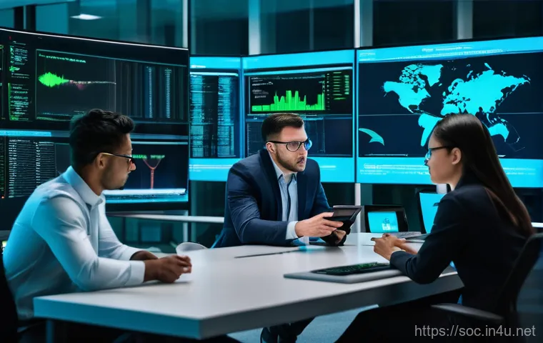 보안관제 전문가 필수 소프트 스킬 - Cybersecurity Team Collaboration in a Modern SOC**

*   **Prompt:** A diverse group of four cybersec...