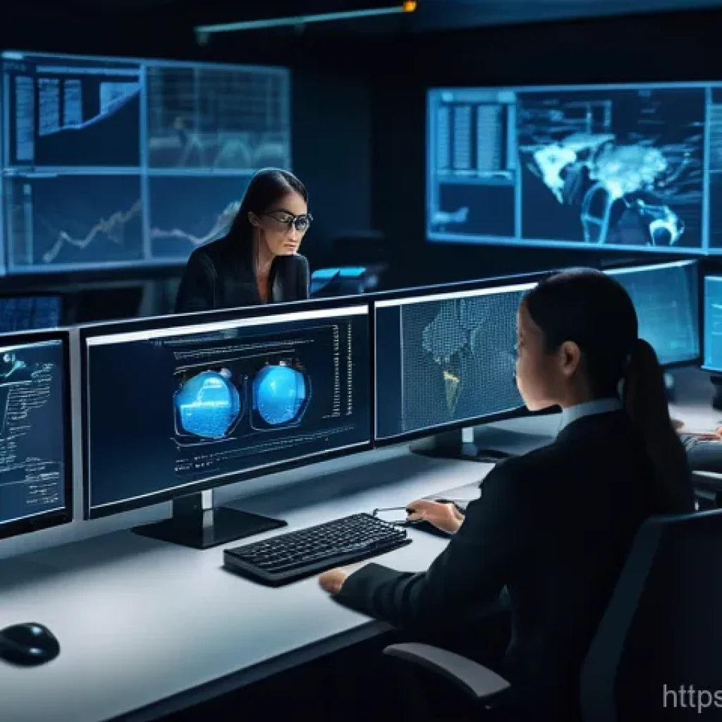 보안관제센터 근무자의 하루 일과 - A dimly lit, futuristic cybersecurity control center at night. Several diverse cybersecurity analyst...