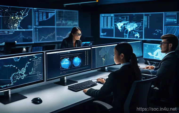 보안관제센터 근무자의 하루 일과 - A dimly lit, futuristic cybersecurity control center at night. Several diverse cybersecurity analyst...
