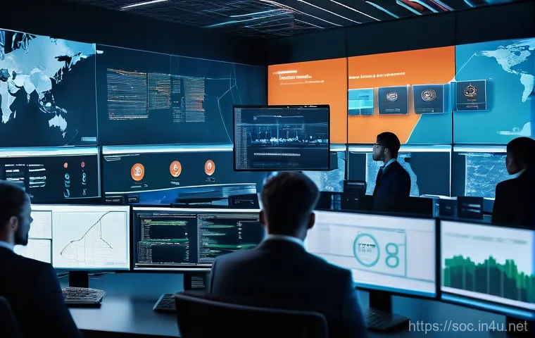 보안관제센터 근무자의 하루 일과 - A dimly lit, futuristic cybersecurity control center at night. Several diverse cybersecurity analyst...
