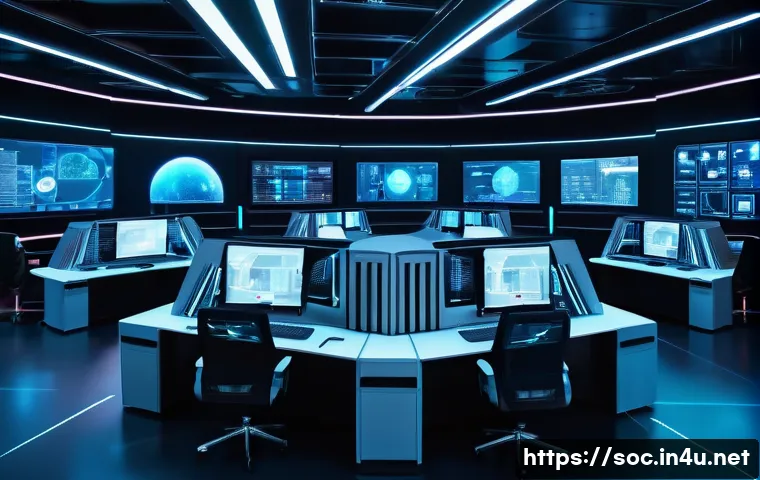 보안관제센터의 비상 대응 절차 - **Image Prompt 1: "A futuristic cyber security control center operating 24/