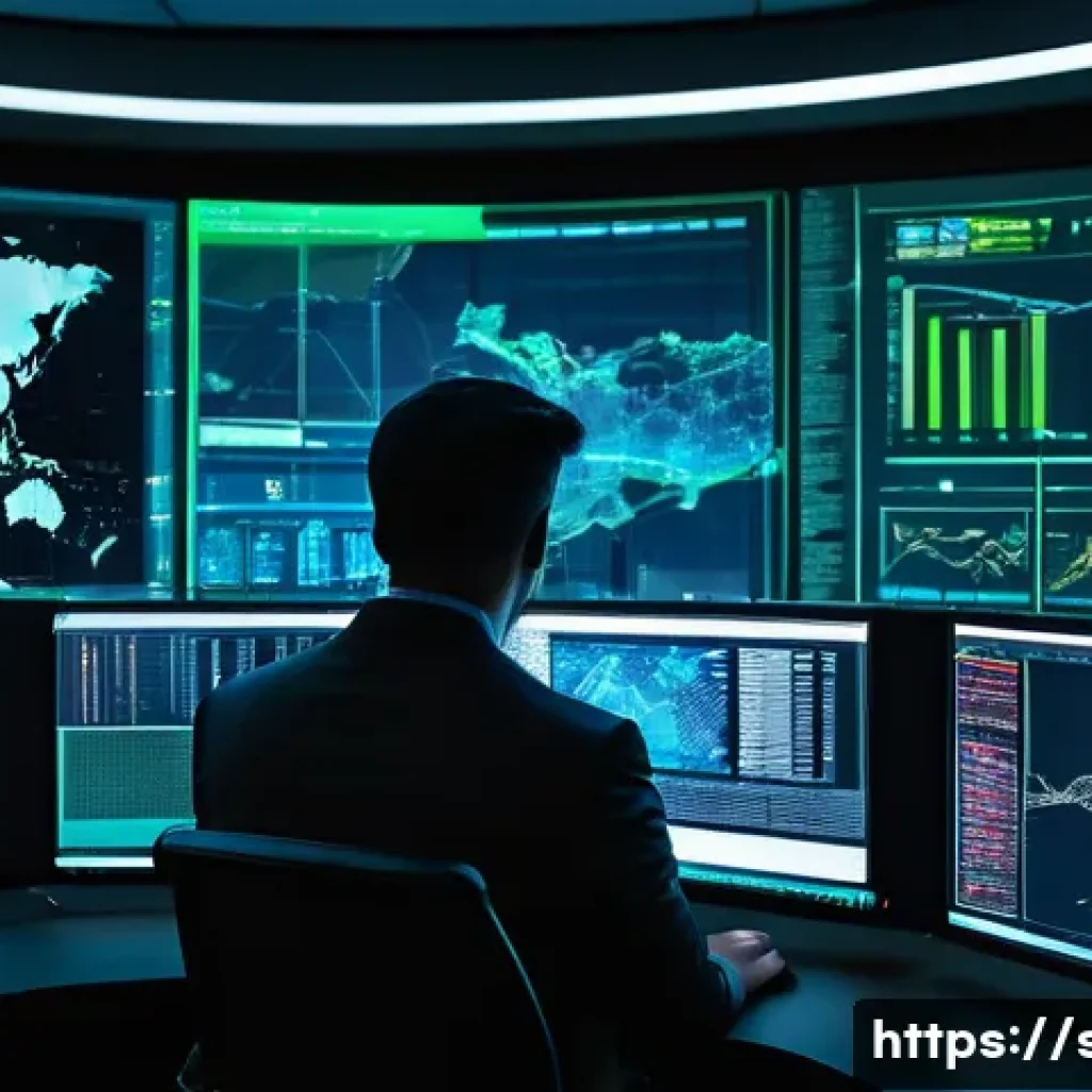 보안관제센터 데이터 유출 사고 사례 분석 - A high-tech, futuristic security operations center (SOC) at night. Large, curved display screens fil...