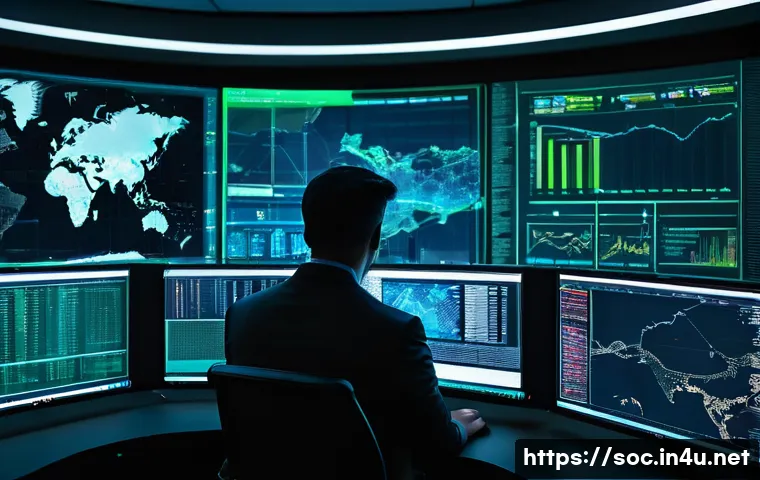 보안관제센터 데이터 유출 사고 사례 분석 - A high-tech, futuristic security operations center (SOC) at night. Large, curved display screens fil...