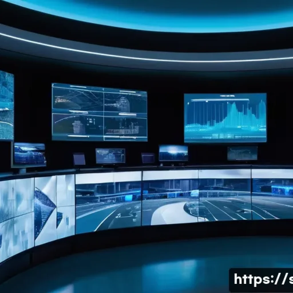 보안관제센터 장단점 분석 - A sophisticated, futuristic security operations center at night. Large, curved display screens domin...