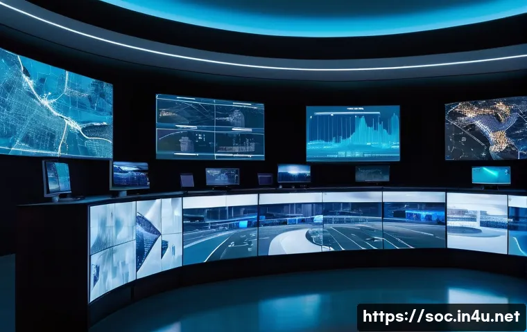 보안관제센터 장단점 분석 - A sophisticated, futuristic security operations center at night. Large, curved display screens domin...