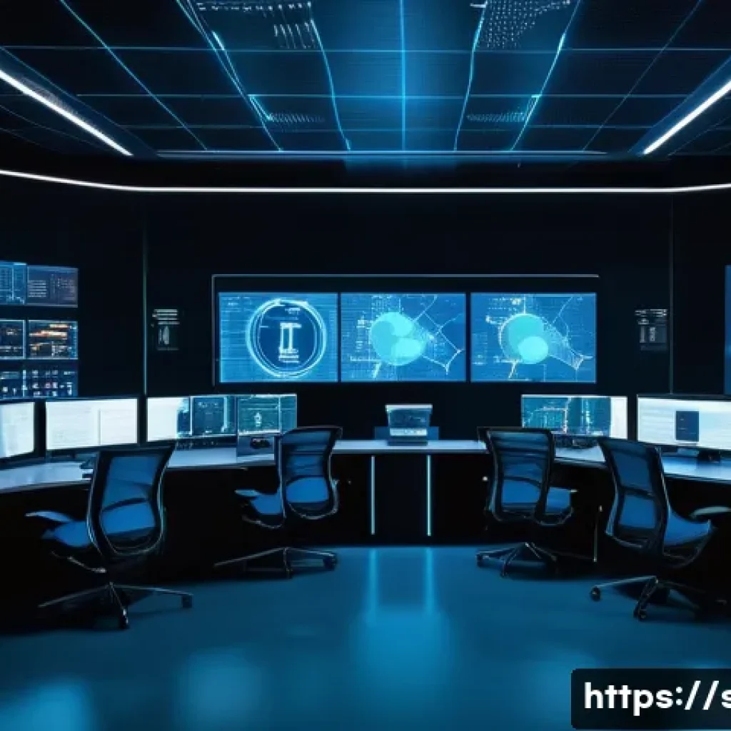 보안관제센터 보안 정책 설정 사례 - A futuristic security operations center (SOC) with a large digital wall displaying real-time AI-driv...