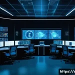 보안관제센터 보안 정책 설정 사례 - A futuristic security operations center (SOC) with a large digital wall displaying real-time AI-driv...