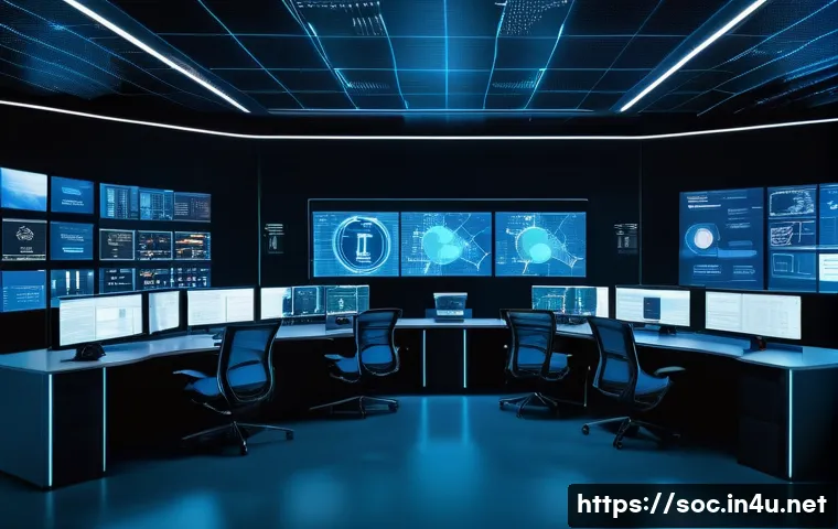 보안관제센터 보안 정책 설정 사례 - A futuristic security operations center (SOC) with a large digital wall displaying real-time AI-driv...