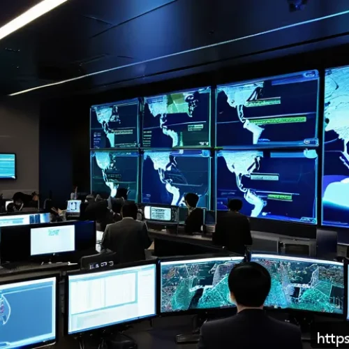 보안관제센터와 IT 보안 커리어 차이 - A high-tech Security Operations Center (SOC) room bustling with activity, featuring diverse cybersec...