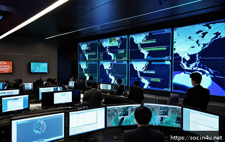 보안관제센터와 IT 보안 커리어 차이 - A high-tech Security Operations Center (SOC) room bustling with activity, featuring diverse cybersec...