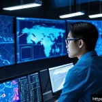 보안관제센터 퇴사 후 커리어 방향 - A professional IT security analyst in a modern security operations center (SOC), intensely monitorin...