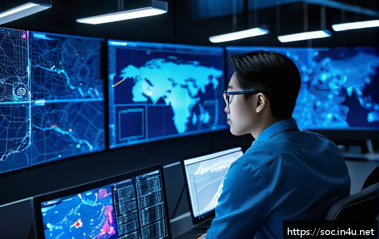 보안관제센터 퇴사 후 커리어 방향 - A professional IT security analyst in a modern security operations center (SOC), intensely monitorin...