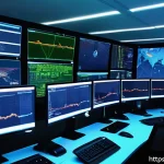 보안관제센터에서 사용하는 프로토콜 이해 - A detailed futuristic cybersecurity operations center with multiple large monitors displaying real-t...