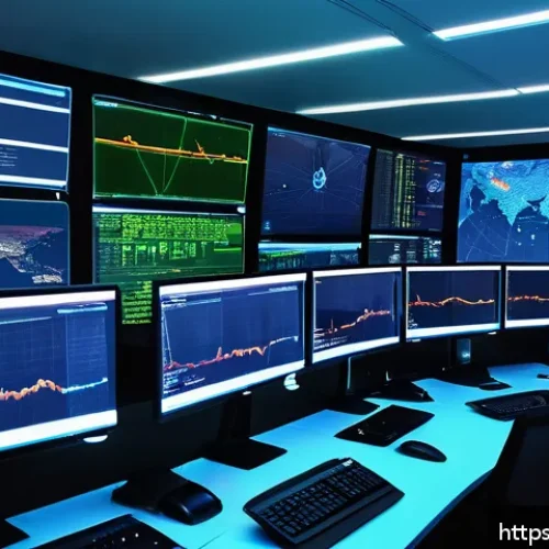 보안관제센터에서 사용하는 프로토콜 이해 - A detailed futuristic cybersecurity operations center with multiple large monitors displaying real-t...