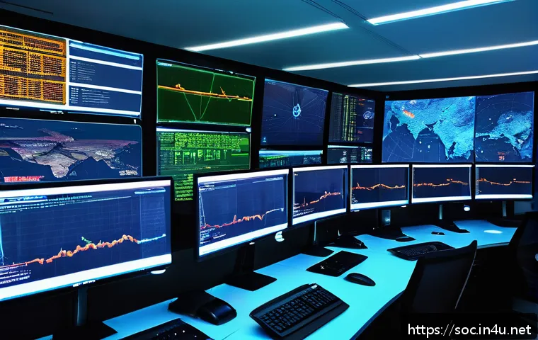 보안관제센터에서 사용하는 프로토콜 이해 - A detailed futuristic cybersecurity operations center with multiple large monitors displaying real-t...