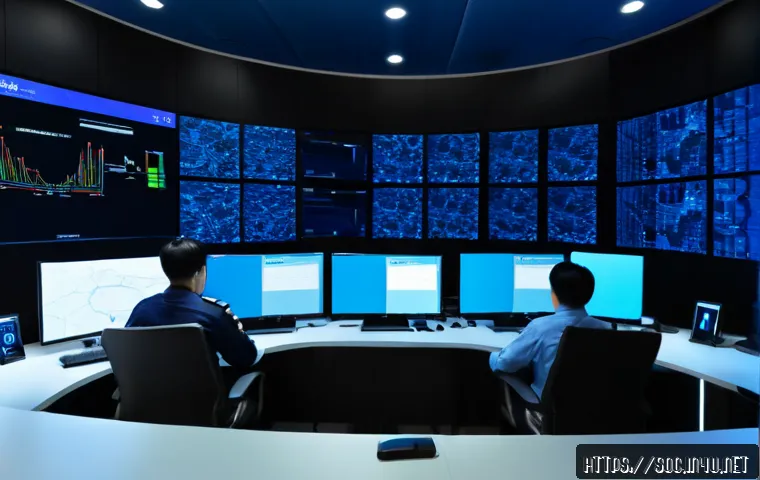 Home 17 보안관제센터로의 전환 경로 - Photorealistic modern security operations center transition scene, a calm diverse team of cybersecur...