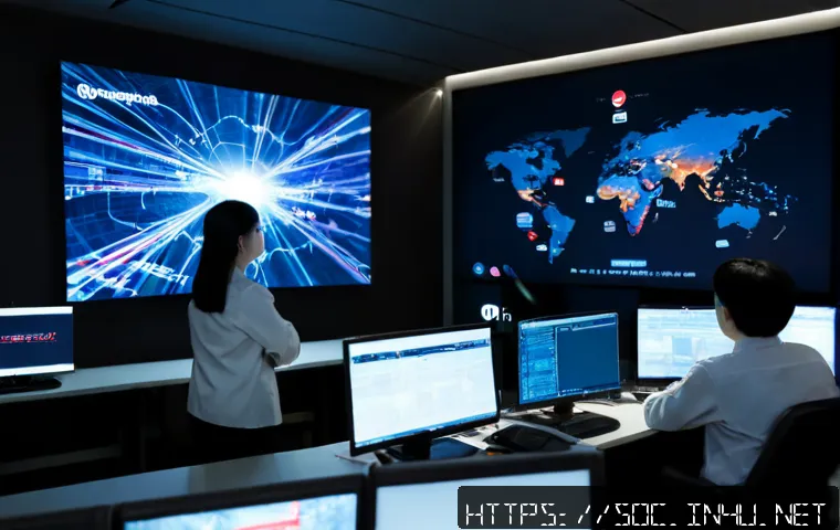 보안관제센터의 위협 사전 탐지 시스템 - Photorealistic cybersecurity operations center, diverse security analysts in a modern dimly lit cont...